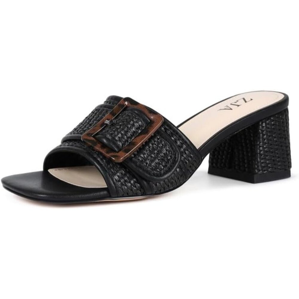 Women's Black Raffia Sandals Heeled Square Open Toe Block Heels Slip On